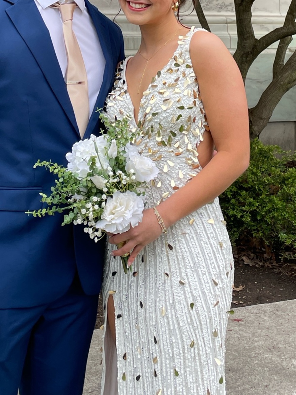 Elegant White Sequin Gown with Gold Accents - Women Dresses - Picture 4 of 5